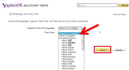 Language of Yahoo Mail Page